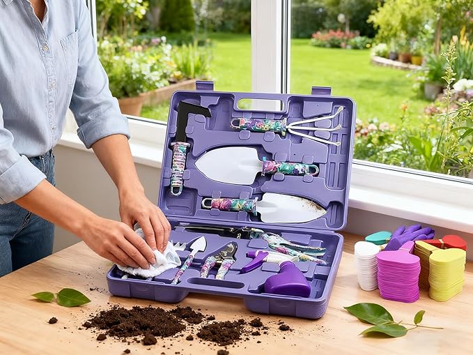 Purple Gardening Tool Set for Women, 13PCS Stainless Steel Purple Garden Tool Set with Trowel, Rake, Weeder, Pruner, Sprayer, Claw Digging Gloves, Garden Tools for Gardening Women