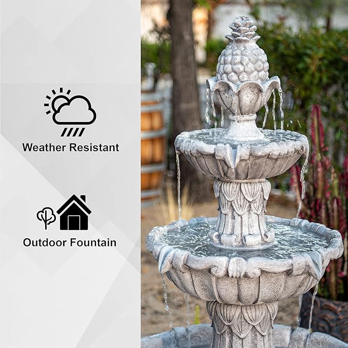 58.3" 3-Tier Outdoor Freestanding Water Fountain - Classic Leaf Design, Large Bird Bath with Pump - Ideal for Yard, Lawn and Garden Décor