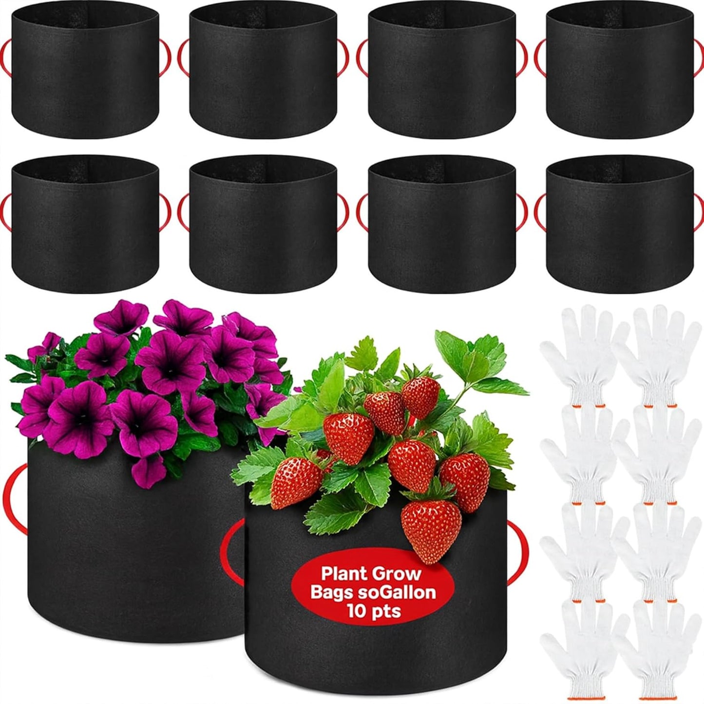10 Pcs 50 Gallon Nonwoven Fabric Plant Grow Bags with Handles and 10 Pairs of Gardening Gloves for Vegetables Flowers Trees Container Planting Outdoor Garden Use