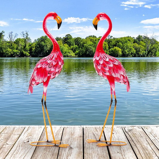 Giantex Flamingo Garden Statues Set of 2, Standing Metal Flamingo Sculptures Bird Ornament Yard