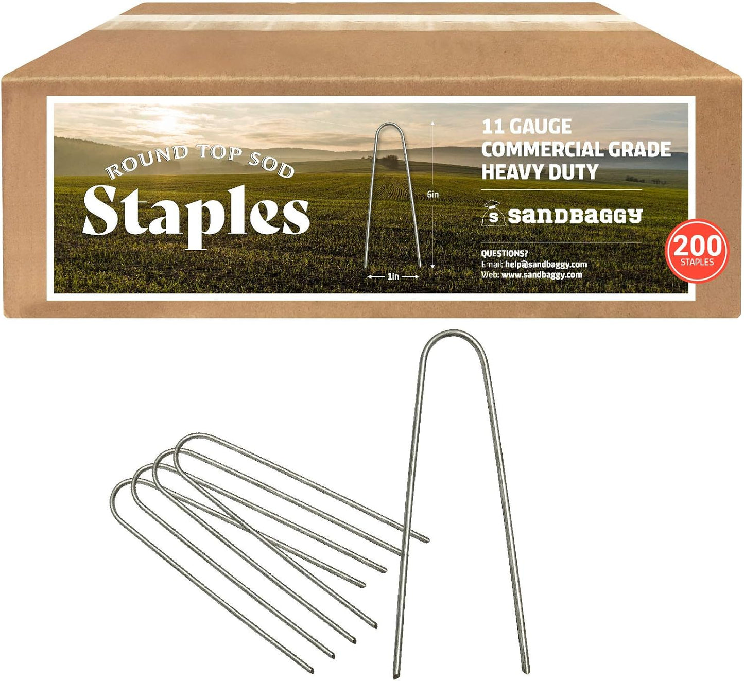 Sandbaggy Round Top 6-Inch Landscape Staples ~ SOD Garden Stakes Square Pin for Ground Cover Fabric & Drip Irrigation Tubing (200 Staples)
