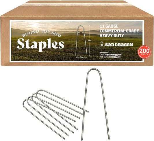 Sandbaggy Round Top 6-Inch Landscape Staples ~ SOD Garden Stakes Square Pin for Ground Cover Fabric & Drip Irrigation Tubing (200 Staples)