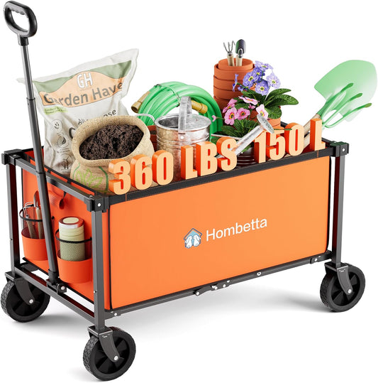 Collapsible Wagon Cart with Wheels, 150L Lightweight Foldable Utility Cart, Portable Rolling Wagon for Garden, Shopping, Sports, Camping, Transport, Orange