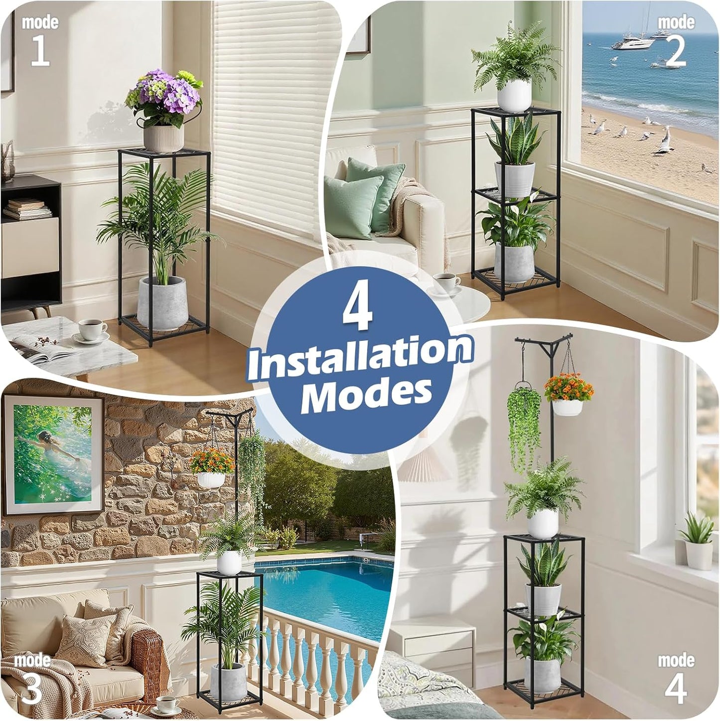 3-Tier Hanging Plant Stand Indoor Outdoor - 67" Tall Corner Shelf for 5 Potted Flowers,Square Planter Holder Metal Display Rack for Living Room, Balcony, Garden,Space-Saving Standing Plant Hanger