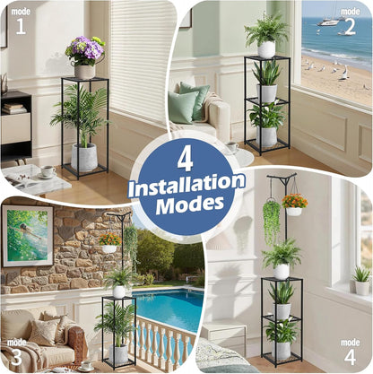 3-Tier Hanging Plant Stand Indoor Outdoor - 67" Tall Corner Shelf for 5 Potted Flowers,Square Planter Holder Metal Display Rack for Living Room, Balcony, Garden,Space-Saving Standing Plant Hanger