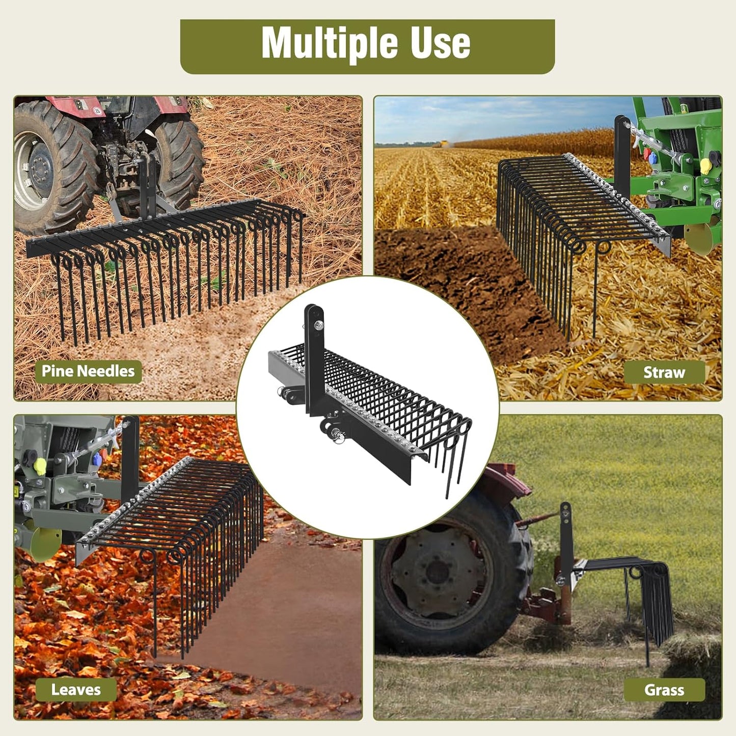GAOMON 72 Inch Pine Straw Rake, 30 Coil Spring Tines Durable Powder Coated Steel Tow Behind Landscape Rake with 3 Point Hitch Receiver Attachment Fit to Cat0 Cat 1 Tractors for Leaves Grass, Black