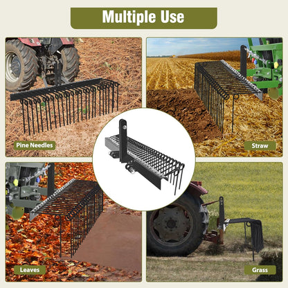 GAOMON 72 Inch Pine Straw Rake, 30 Coil Spring Tines Durable Powder Coated Steel Tow Behind Landscape Rake with 3 Point Hitch Receiver Attachment Fit to Cat0 Cat 1 Tractors for Leaves Grass, Black