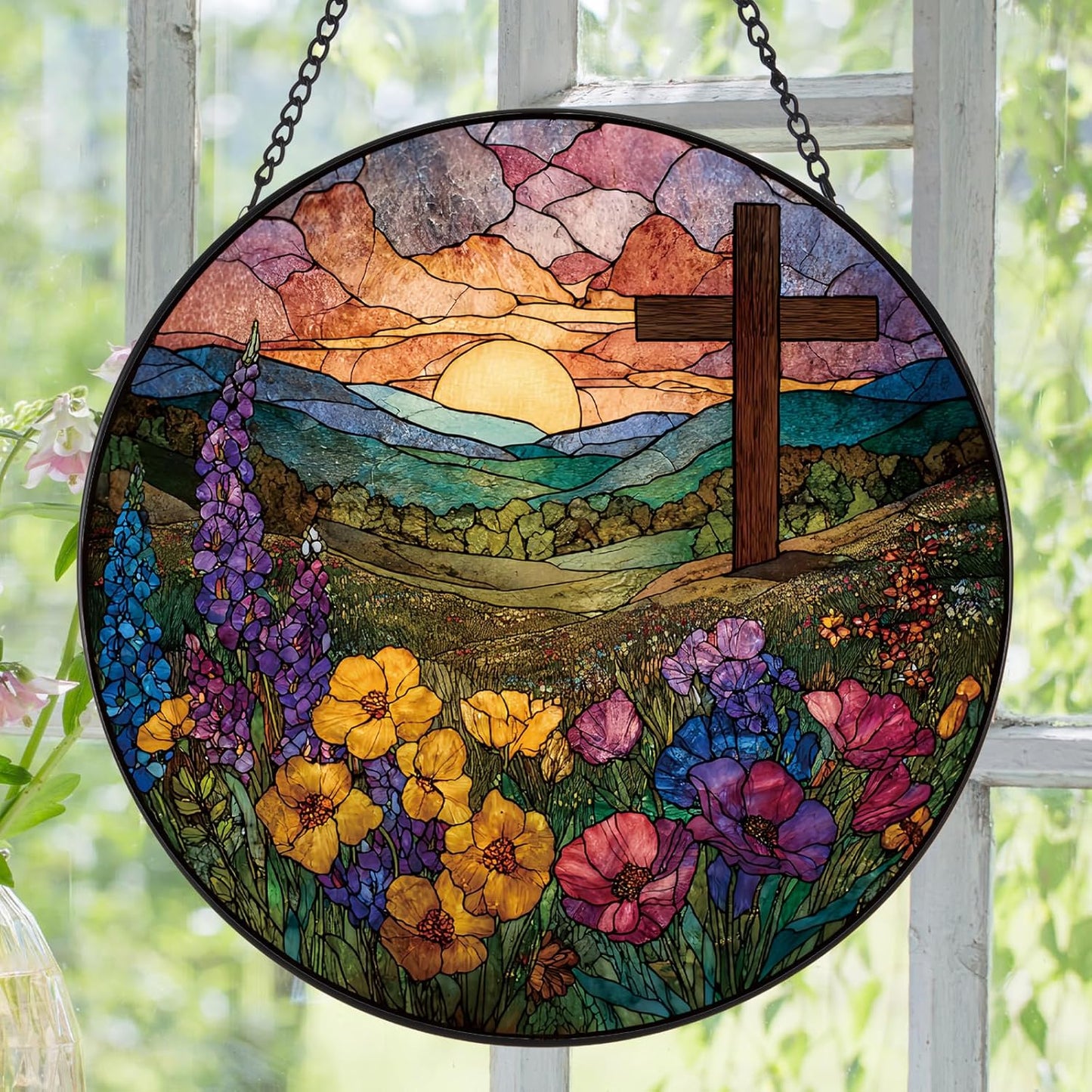 Wildflowers and Crosses Suncatcher -7.9 in Stained Glass Window Hanging Sun Catcher Garden Decor