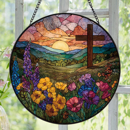 Wildflowers and Crosses Suncatcher -7.9 in Stained Glass Window Hanging Sun Catcher Garden Decor