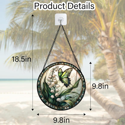 Stained Glass Window Hanging, Lily of The Valley Flower Butterfly Suncatcher for Doors Home Sun Catchers Decoration and Christmas, Mother's Day Birthday Gifts for Women, Men, Mom 9.8 in