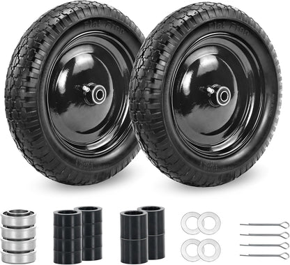 2PC 4.80/4.00-8 Flat Free Tire, 14.5 Wheelbarrow Tire and Wheel with 5/8" Bearings & Extra 3/4", 3-7" Centered Hub, 4.80/4.00-8 tire and wheel Fit for Gorilla Cart, Garden Cart/Hand Truck
