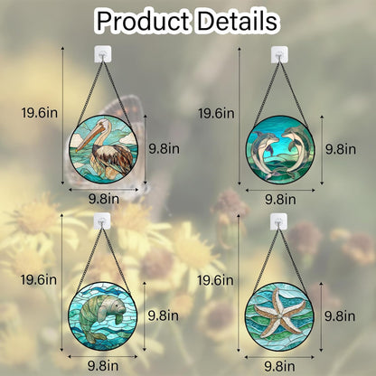 Stained Glass Window Hanging 4 Pcs Set Cyan Ocean Life Theme 9.8" - Sea Starfish Suncatcher Door Garden Sun Catcher Decor Birthday for Mom Woman Nana Men Friend