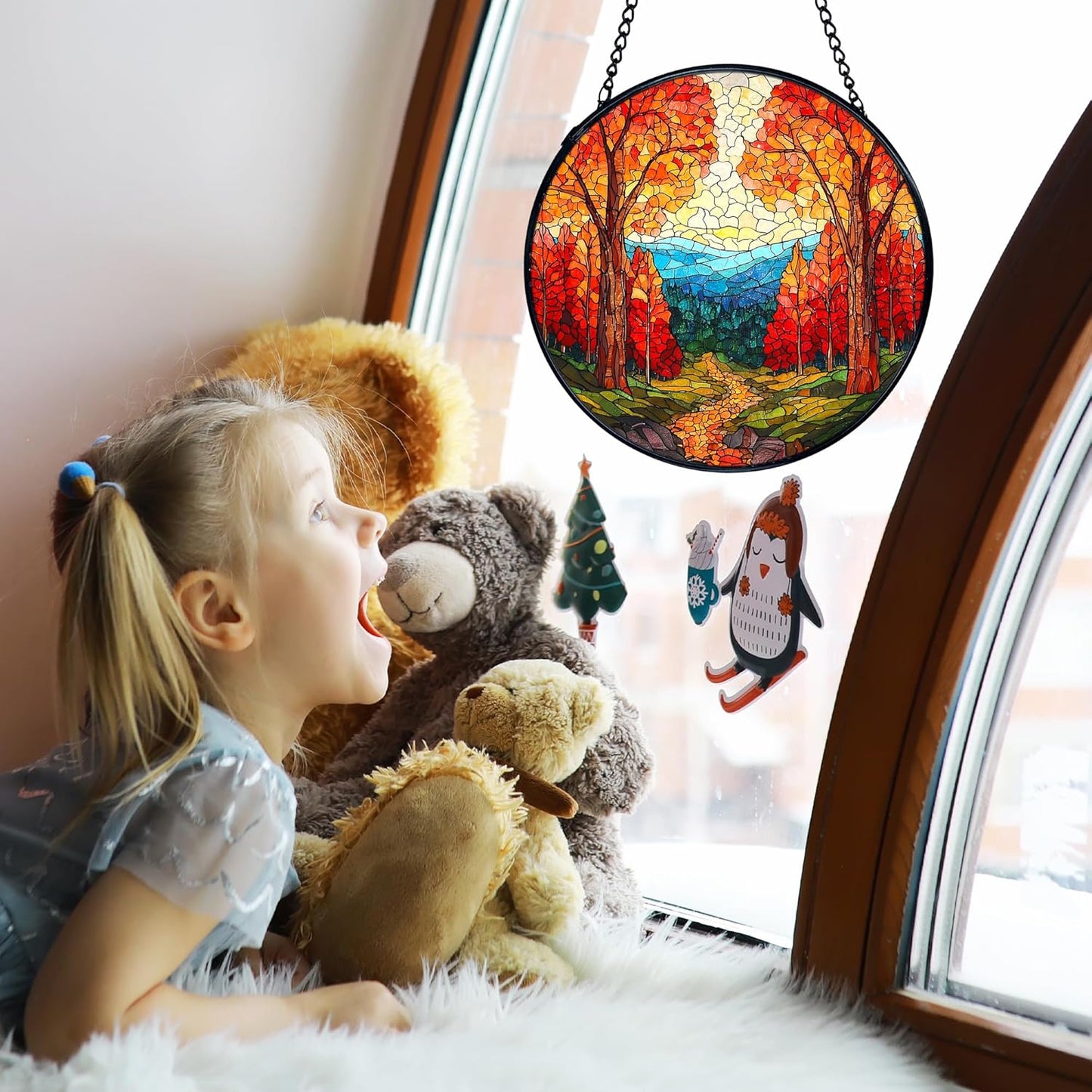 TNUW Fall Forest Stained Glass Window Hanging, Rustic Autumn Landscape Sun Catchers Indoor Window Glass Round Wall Art Decor, Fall Autumn Wall Hanging Decorations, 7.9＂x7.9＂