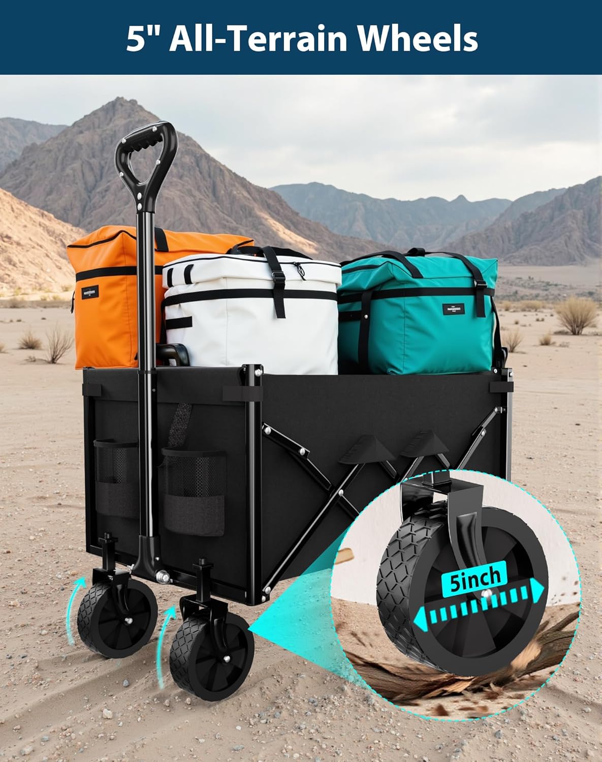 Lightweight Folding Wagon, Large Capacity Collapsible Grocery Cart on Big Wheels, Heavy Duty Foldable Shopping Carts, All-Terrain Outdoor Utility Carts for Camping, Sports, Garden, Beach, 3.5 Cu Ft