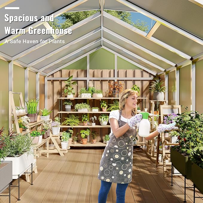 8x12 FT Greenhouse, Easy Assembly Aluminum Polycarbonate Greenhouses for Outdoors with Roof Vent, Large Aluminum Walk-in Greenhouse for Sunroom Patio, Backyard, Garden, Sliding Lockable Door, Silver