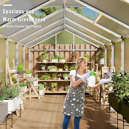 8x12 FT Greenhouse, Easy Assembly Aluminum Polycarbonate Greenhouses for Outdoors with Roof Vent, Large Aluminum Walk-in Greenhouse for Sunroom Patio, Backyard, Garden, Sliding Lockable Door, Silver