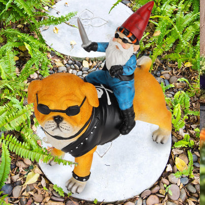 Garden Gnome Statue Holding Sword Outdoor, Funny Garden Gnome Riding Dog Statue Decoration Lawn Figurines for Home Patio Yard Garden Decor Indoor Outdoor, Housewarming Garden Gift