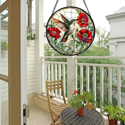 Stained Glass Window Hanging - Green Hummingbird Red Flower Suncatcher for Door Terrace Garden Home Decor Bird Landscape Sun Catcher Birthday Gifts for Lovers Women Men Dad Mom Nana 6.3 in
