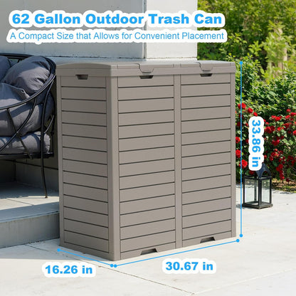 Outdoor Trash Can with Lid, Outdoor Trash Bin & Pull-Out Liquid Drawer, Dual Lid Closure Design, Waterproof Resin Garbage Can Container for Patio, Backyard, Deck (Grey, 62 Gallon)