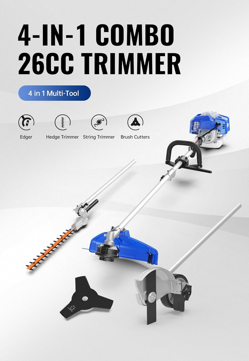 WILD BADGER POWER 26cc Weed Wacker Gas Powered, 4 in 1 String Trimmer, Wheeled Edger, Hedge Trimmer and Brush Cutter Blade, Multi Yard Care Tools, Rubber Handle & Shoulder Strap Included