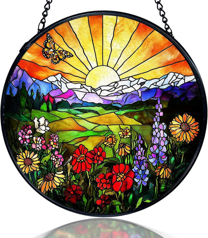 kdqua Sunshine Flower Suncatcher Stained Glass Window Hanging, Cottagecore Sunset Wildflower Sun Catchers Indoor Window Glass Round Wall Decor, Floral Wall Art Hanging Decorations Statues, 7.9x7.9in