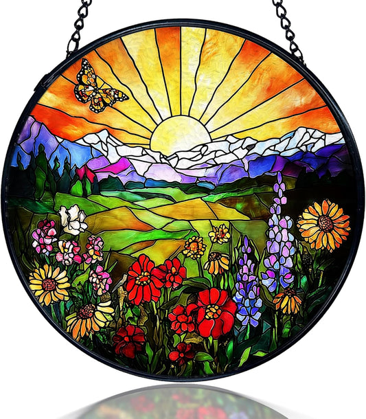 kdqua Sunshine Flower Suncatcher Stained Glass Window Hanging, Cottagecore Sunset Wildflower Sun