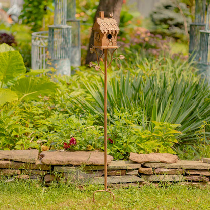 Copper Color Bird House Garden Stake with Ornate Style Roof (Rectangular)