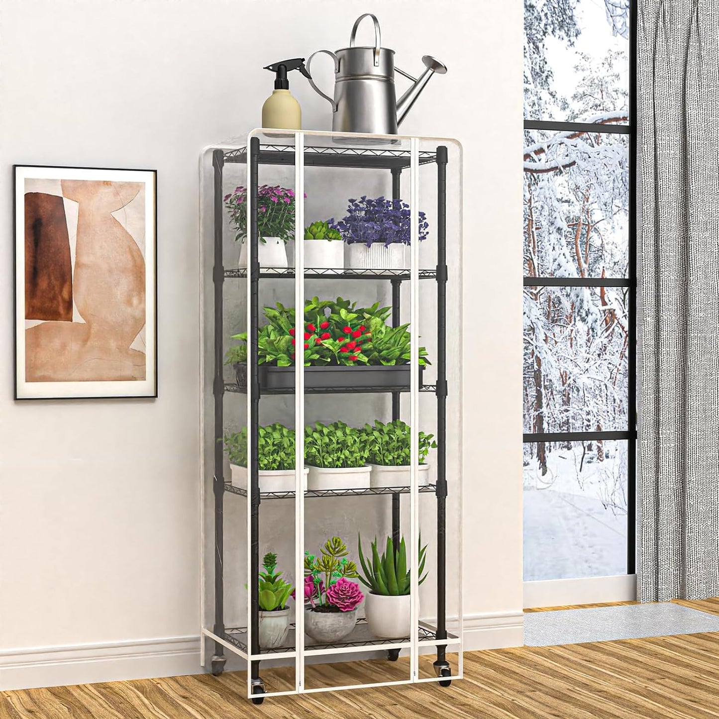 Mini 5-Tier Greenhouse for Indoor Outdoor, 23.2" L×13.4" W×61.4" H Portable Greenhouse with Clear PVC Cover and Metal Shelf for Growing Vegetables, Flowers and Seedlings, with Wheels