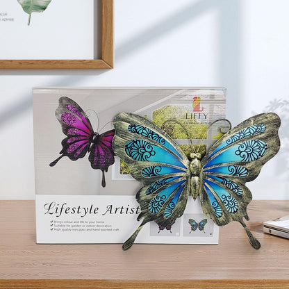 LIFFY Metal Butterfly Outdoor Decor 12" Hanging Glass Butterflies Wall Decor Garden Art Decorative Ornaments Outside Indoor Home Decor for Living Room Bedroom Patio Fence