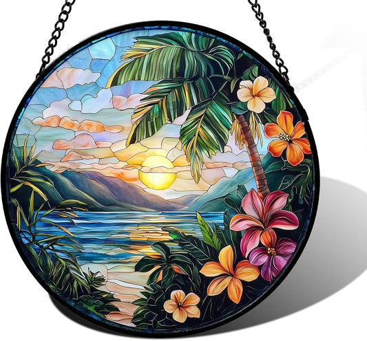 Stained Glass Window Hanging, Colorful Landscape Suncatcher for Doors Home Sun Catchers Decoration