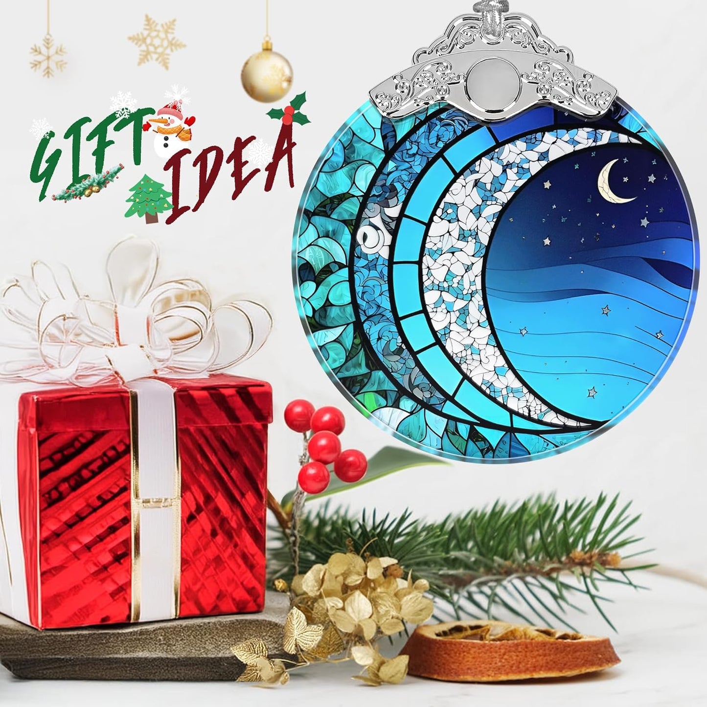 Art Blue Moonlight Stained Glass Orament - Christmas Ornament - Christmas Decorations for Tree - Holiday Present ldeas - Gift Exchange