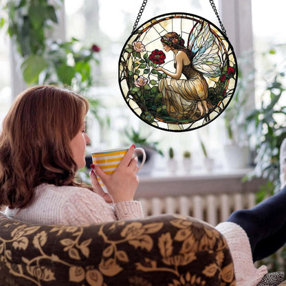Stained Glass Window Hanging - Butterfly Flower Fairy Suncatcher for Door Terrace Garden Home Decor Yellow Green Plants Sun Catcher Birthday Gifts for Lovers Women Men Dad Mom Nana 6.3 in