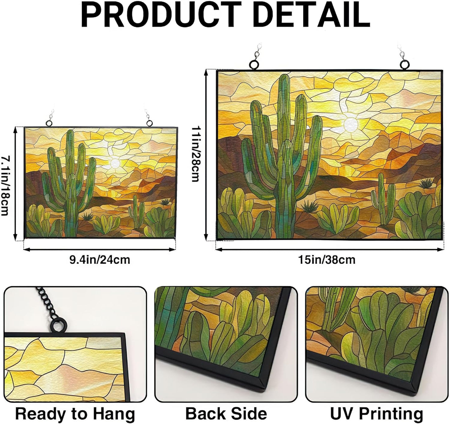 Customized Rectangle Boho Desert Cactus Stained Glass Window Hanging Suncatcher Stained Glass Home Decor Garden Halloween Christmas Party Wedding Housewarming Gifts