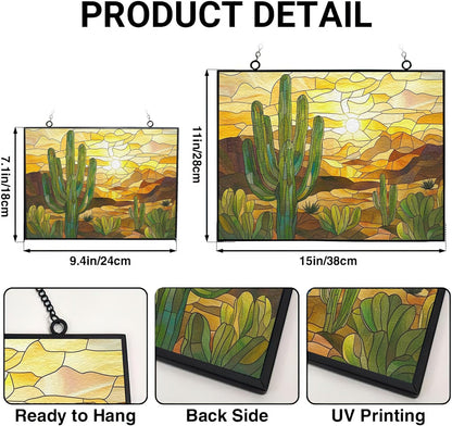 Customized Rectangle Boho Desert Cactus Stained Glass Window Hanging Suncatcher Stained Glass Home Decor Garden Halloween Christmas Party Wedding Housewarming Gifts