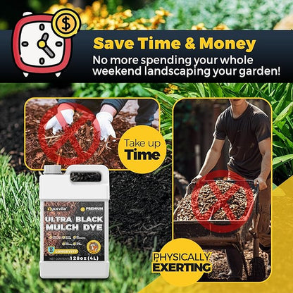 128oz Concentrated Ultra Black Mulch Dye with Gloves, Liquid Rubber Dye Spray Covers up to 14,400 Sq. Ft, Long-Lasting Finish Black Bark Paint for Mulch Restoration and Enhancement Landscaping
