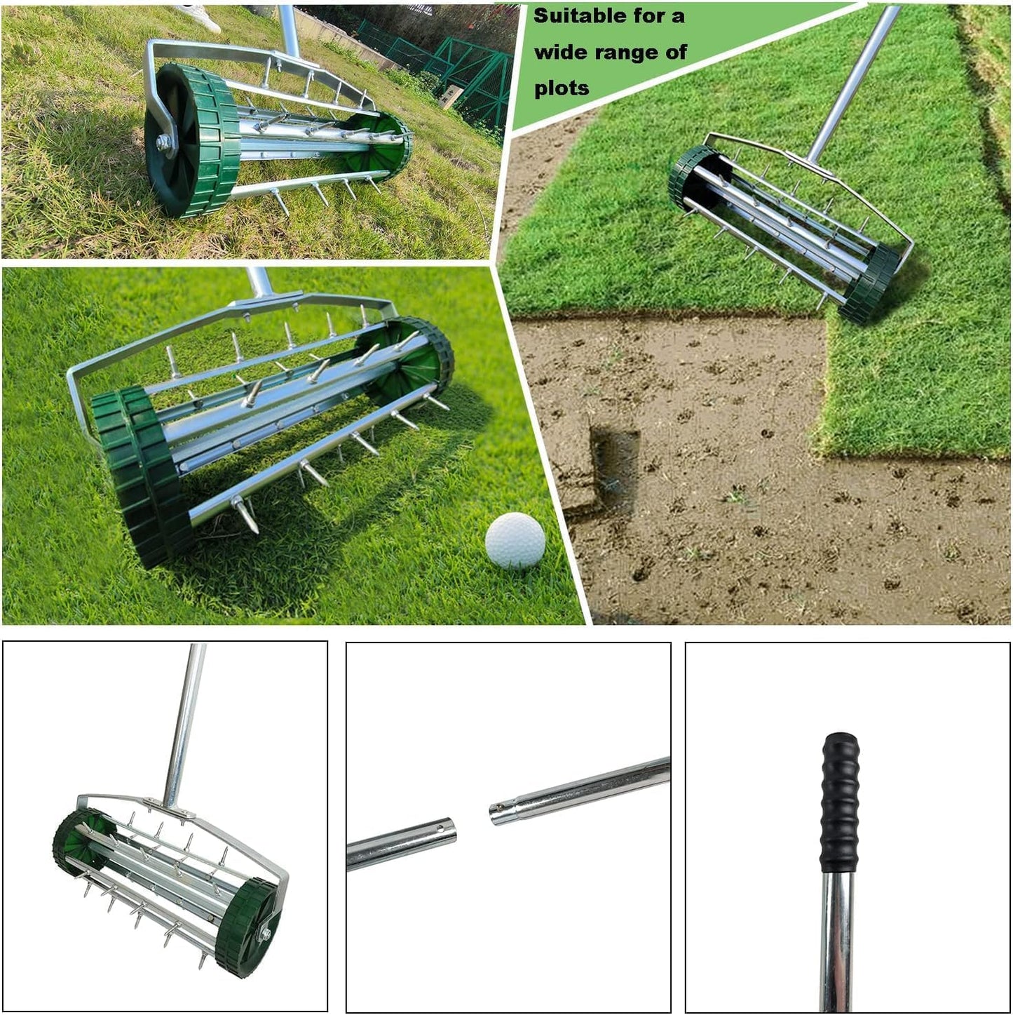 Heavy Duty Rolling Lawn Aerator, Rotary Push Tine Spike Aerator with 1.4-Inch Spikes, 57-Inch Steel Handle, Garden Yard Grass Maintenance Manual Aerator Tool for Improved Soil Aeration Silver