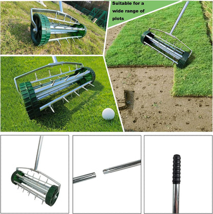 Heavy Duty Rolling Lawn Aerator, Rotary Push Tine Spike Aerator with 1.4-Inch Spikes, 57-Inch Steel Handle, Garden Yard Grass Maintenance Manual Aerator Tool for Improved Soil Aeration Silver