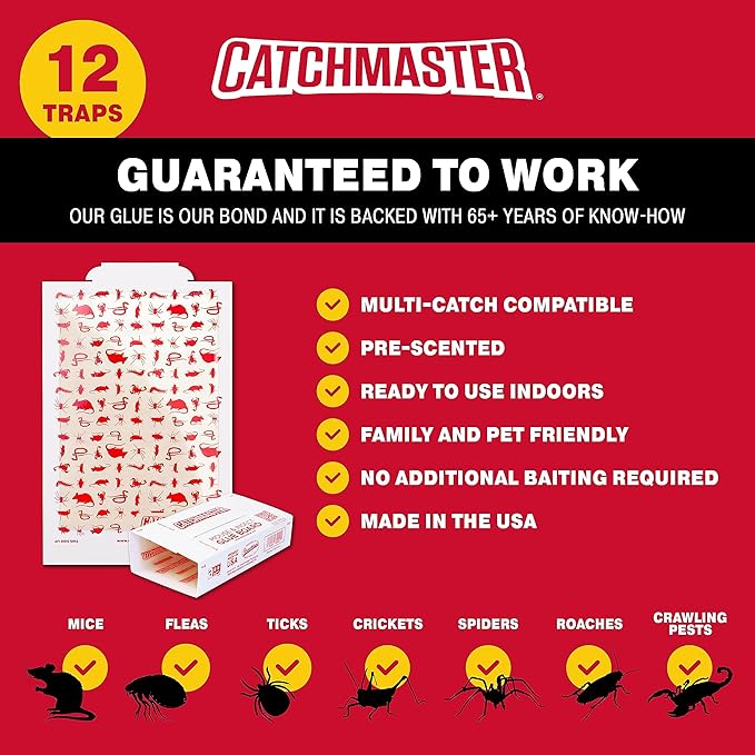 Catchmaster Multi-Catch Mouse Trap 12-Pack Refill, Humane Mouse Traps Indoor for Home, Includes Replaceable Glue Boards, Live Catch Pest Control for Garage & Shed