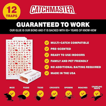 Catchmaster Multi-Catch Mouse Trap 12-Pack Refill, Humane Mouse Traps Indoor for Home, Includes Replaceable Glue Boards, Live Catch Pest Control for Garage & Shed