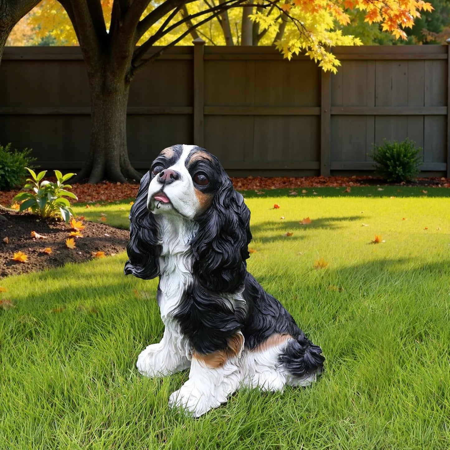 Cavalier King Charles Spaniel Outdoor Dog Statue with Reversible “Welcome/ON Patrol” Hanging Plaque and Solar Porch Lantern, Black & White Sitting
