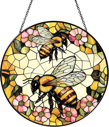 Bee Wildflower Stained Glass Window Hanging Bee Sun Catcher Honeybee Gifts for Women Christmas Suncatchers for Garden Home Windows Hanging Decoration, 7.87inch