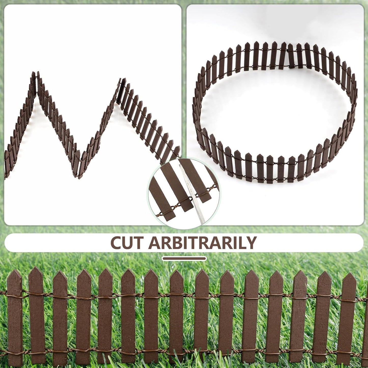 Mini Fairy Garden Fence, 35.5 Inch Cuttable Small Wood Picket Fence, DIY Miniature Accessories Decoration for Dollhouse, Crafts, Vegetable Platter, Cake(Brown)