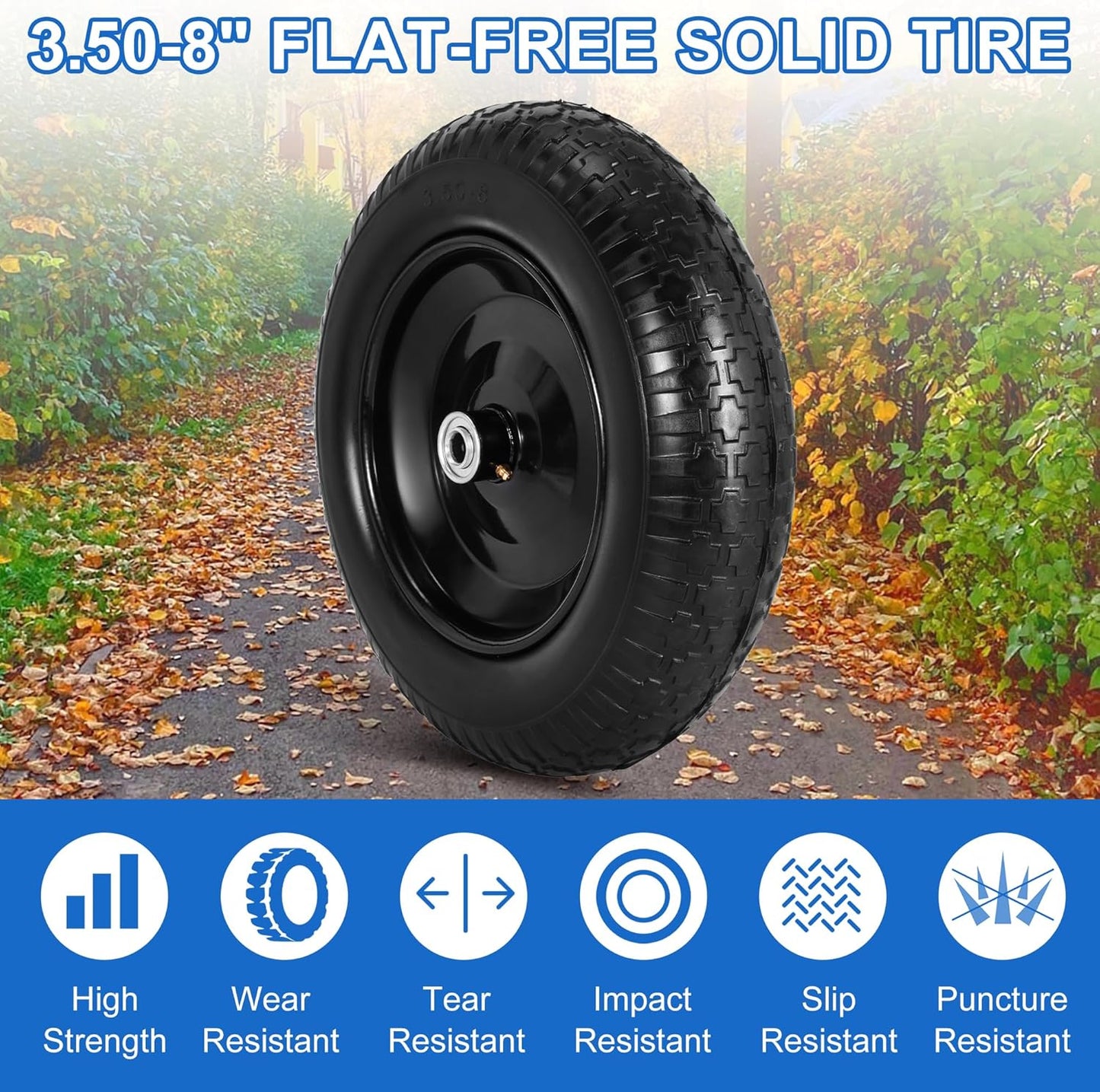 14.5" Flat Free Wheelbarrow Wheels and Tires, 3.50-8" Flat-Free Solid Tire with 5/8" Axle Bore Hole for Wheelbarrow Lawn Mover Trolley Dolly Go Kart Replacement
