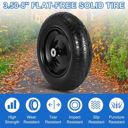 14.5" Flat Free Wheelbarrow Wheels and Tires, 3.50-8" Flat-Free Solid Tire with 5/8" Axle Bore Hole for Wheelbarrow Lawn Mover Trolley Dolly Go Kart Replacement