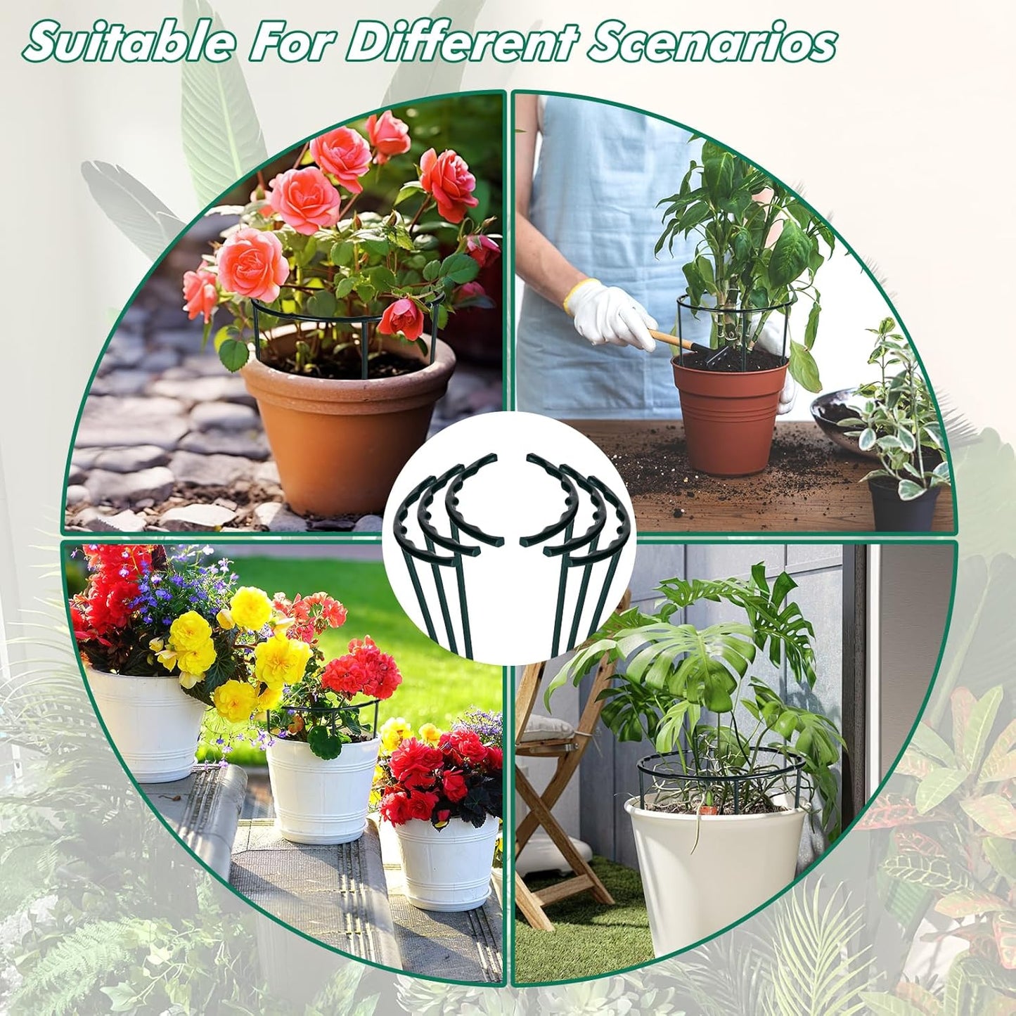 10 Pack Plant Support Plant Stakes Metal Half Round Search Support Ring Small Plastic Cage Holder Short Stem Flower Pot Climbing Trellis for House Flower Vegetable Indoor Leafy(5.7 x 9.8inch)