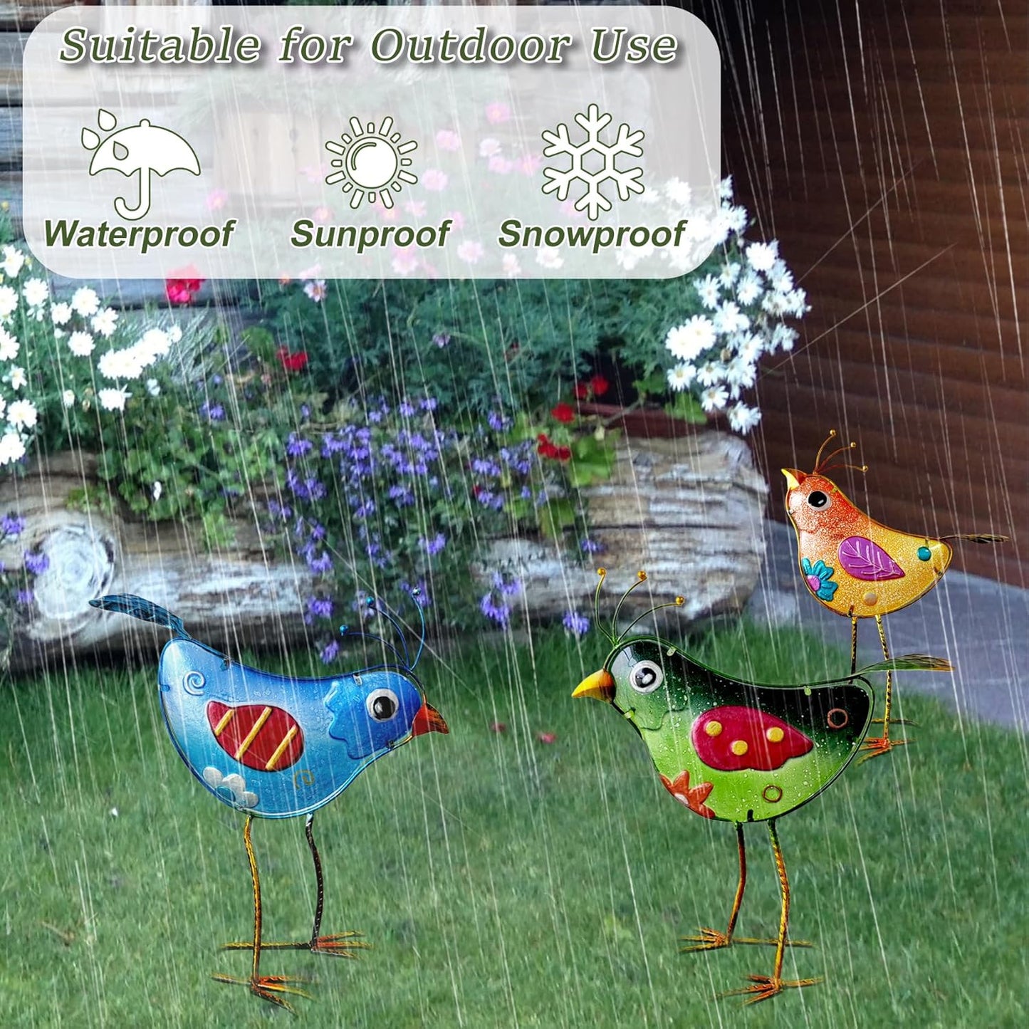 Garden Statues 3-Piece Metal & Glass Bird Figurines Set - Waterproof Outdoor Sculptures, Colorful Bird Garden Decorations Yard Art for Indoor & Outdoor Patio Lawn