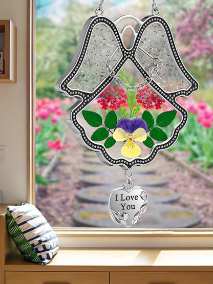 KY&BOSAM Angel Suncatcher I Love You Stained Glass Panels Suncatcher for Window Hanging Wind Chime with Pressed Flower and Metal Trim Sister Heart Charm Birthday Gift for Mom Mothers Day Christmas