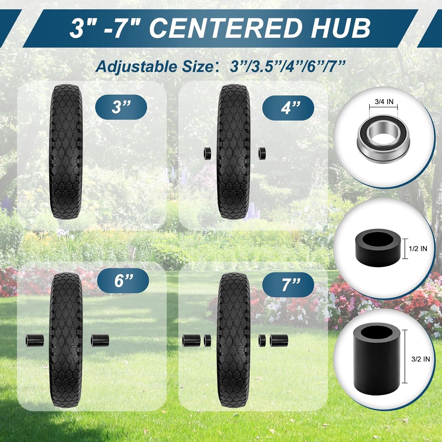 4.80/4.00-8" Flat Free Tire and Wheel 14.5" Solid Flat-Free Replacement Tire with 5/8"& 3/4" Axle Borehole, Adjustable Centered Hub 3-7" for Wheelbarrow Garden Trailer and Trolley by Cenipar