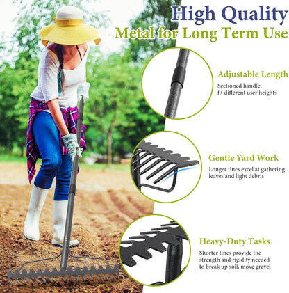 Adjustable Bow Rake Heavy Duty, Dual-Sided Steel Garden Rake Tool for Gathering Leaves, Pine Straw, Thatching, Breaking Up Soil, Leveling Gravel