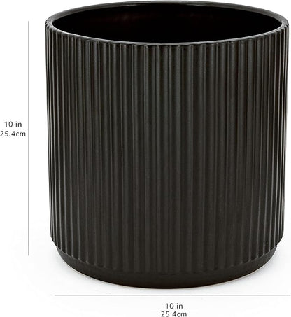 Amazon Basics Fluted Ceramic Round Planter, 10-Inch, Black